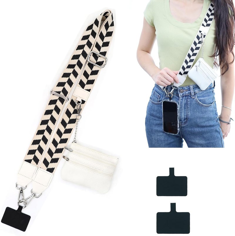 Incolumitas Store حزام كلّ واذهب للهاتف مع محفظة عبر الجسم، حقيبة بسحاب لحزام الهاتف، حزام معصم عبر الجسم لملحقات الهاتف المحمول، هدية عيد ميلاد للنساء (أبيض-أسود) - Image 1